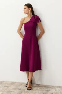 TRENDYOLMİLLA Plum A-Cut Bow Detailed Weaving Chic Evening Gown Dress - Image 3