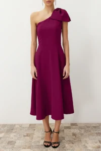 TRENDYOLMİLLA Plum A-Cut Bow Detailed Weaving Chic Evening Gown Dress - Image 4