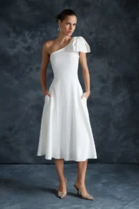 TRENDYOLMİLLA Bridal White A-Cut Bow Detailed Weaving Wedding/Marriage Evening Gown Night Graduation Dress