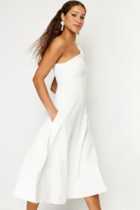 TRENDYOLMİLLA Bridal White A-Cut Bow Detailed Weaving Wedding/Marriage Evening Gown Night Graduation Dress - Image 4
