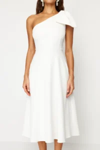 TRENDYOLMİLLA Bridal White A-Cut Bow Detailed Weaving Wedding/Marriage Evening Gown Night Graduation Dress - Image 5
