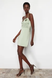 TRENDYOLMİLLA Light Green A-Cut Floral Detailed Knitting Short Chic Evening Gown Gece Graduation Dress - Image 2