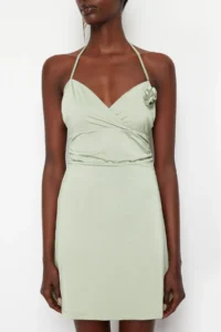 TRENDYOLMİLLA Light Green A-Cut Floral Detailed Knitting Short Chic Evening Gown Gece Graduation Dress - Image 4