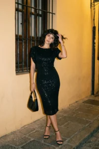 TRENDYOLMİLLA Black Body-Fitting shiny Knitting Sequin Chic Evening Gown Gece Graduation Dress