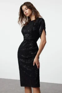 TRENDYOLMİLLA Black Body-Fitting shiny Knitting Sequin Chic Evening Gown Gece Graduation Dress - Image 3