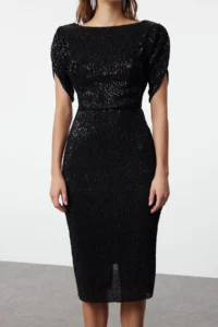 TRENDYOLMİLLA Black Body-Fitting shiny Knitting Sequin Chic Evening Gown Gece Graduation Dress - Image 5