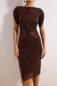 TRENDYOLMİLLA Brown Body-Fitting shiny Knitting Sequin Chic Evening Gown Gece Graduation Dress - Image 3