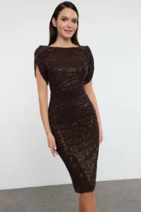 TRENDYOLMİLLA Brown Body-Fitting shiny Knitting Sequin Chic Evening Gown Gece Graduation Dress - Image 5