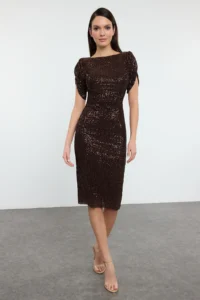 TRENDYOLMİLLA Brown Body-Fitting shiny Knitting Sequin Chic Evening Gown Gece Graduation Dress - Image 8