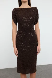 TRENDYOLMİLLA Brown Body-Fitting shiny Knitting Sequin Chic Evening Gown Gece Graduation Dress - Image 9