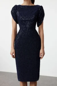 TRENDYOLMİLLA Navy Blue Fitted shiny Sequin Chic Evening Gown Gece Graduation Dress - Image 2