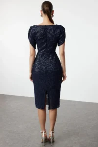 TRENDYOLMİLLA Navy Blue Fitted shiny Sequin Chic Evening Gown Gece Graduation Dress - Image 4