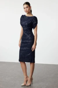 TRENDYOLMİLLA Navy Blue Fitted shiny Sequin Chic Evening Gown Gece Graduation Dress - Image 7