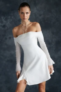 TRENDYOLMİLLA Bridal White A-Kesim Lined Weaving Short Wedding/Marriage Evening Gown Gece Graduation Dress
