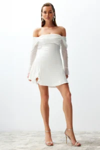 TRENDYOLMİLLA Bridal White A-Kesim Lined Weaving Short Wedding/Marriage Evening Gown Gece Graduation Dress - Image 2