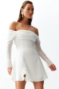 TRENDYOLMİLLA Bridal White A-Kesim Lined Weaving Short Wedding/Marriage Evening Gown Gece Graduation Dress - Image 3