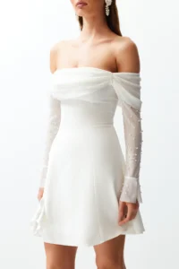 TRENDYOLMİLLA Bridal White A-Kesim Lined Weaving Short Wedding/Marriage Evening Gown Gece Graduation Dress - Image 5