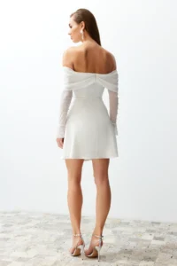 TRENDYOLMİLLA Bridal White A-Kesim Lined Weaving Short Wedding/Marriage Evening Gown Gece Graduation Dress - Image 7