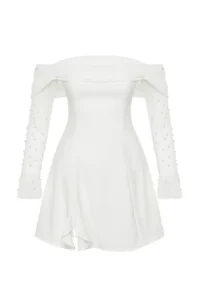 TRENDYOLMİLLA Bridal White A-Kesim Lined Weaving Short Wedding/Marriage Evening Gown Gece Graduation Dress - Image 8