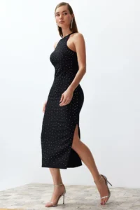 TRENDYOLMİLLA Black Fitted Shiny Stone Weaving Chic Evening Gown Dress - Image 2