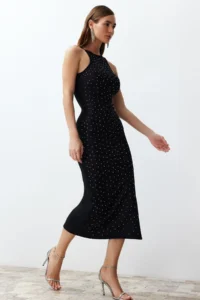 TRENDYOLMİLLA Black Fitted Shiny Stone Weaving Chic Evening Gown Dress - Image 3