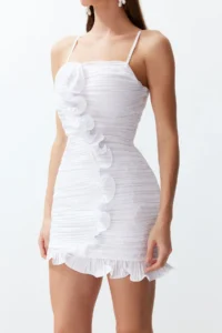 TRENDYOLMİLLA Bridal White Rose Detailed pleated Weaving Short Wedding/Marriage Chic Evening Gown Dress - Image 5