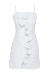 TRENDYOLMİLLA Bridal White Rose Detailed pleated Weaving Short Wedding/Marriage Chic Evening Gown Dress - Image 8
