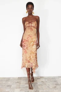 TRENDYOLMİLLA Multicolored A-Kesim flower patterned Frilly Knitting Tulle Dress