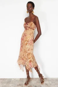 TRENDYOLMİLLA Multicolored A-Kesim flower patterned Frilly Knitting Tulle Dress - Image 3