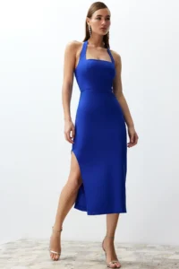 TRENDYOLMİLLA Saks Blue Body-Fitting Slit Detailed Midi Weaving Dress - Image 3