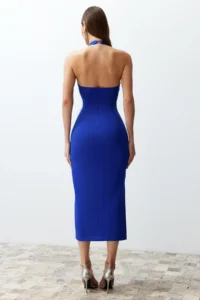 TRENDYOLMİLLA Saks Blue Body-Fitting Slit Detailed Midi Weaving Dress - Image 8