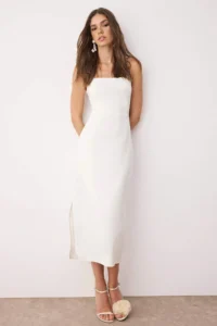 TRENDYOLMİLLA White Lined Bodycon Slit Detailed Midi Weaving Dress - Image 2