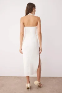 TRENDYOLMİLLA White Lined Bodycon Slit Detailed Midi Weaving Dress - Image 4