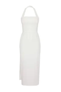 TRENDYOLMİLLA White Lined Bodycon Slit Detailed Midi Weaving Dress - Image 5
