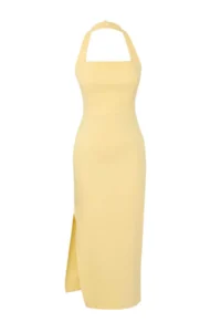 TRENDYOLMİLLA Light Yellow Bodycon Slit Detailed Midi Weaving Dress - Image 5