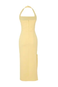 TRENDYOLMİLLA Light Yellow Bodycon Slit Detailed Midi Weaving Dress - Image 6