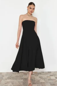 TRENDYOLMİLLA Black A-Kesim Strapless Weaving Chic Evening Gown Gece Graduation Dress - Image 2