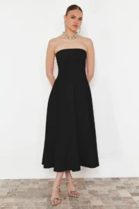 TRENDYOLMİLLA Black A-Kesim Strapless Weaving Chic Evening Gown Gece Graduation Dress - Image 3
