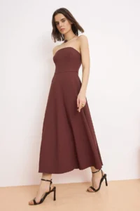 TRENDYOLMİLLA Brown Plain Skirt Opened at Waist Weaving Finike Maxi Unlined Elegant/Evening Dress - Image 2