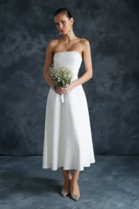 TRENDYOLMİLLA Bridal White A-Kesim Strapless Weaving Wedding/Marriage Evening Gown Dress
