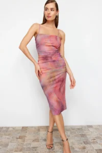 TRENDYOLMİLLA Multicolored Abstract Patterned Knitting Chic Evening Gown Dress