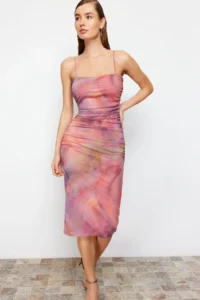 TRENDYOLMİLLA Multicolored Abstract Patterned Knitting Chic Evening Gown Dress - Image 2