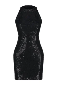 TRENDYOLMİLLA Black Fitted Knitting Sequin Short Chic Evening Gown Dress - Image 6