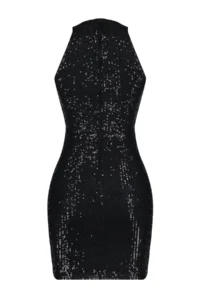 TRENDYOLMİLLA Black Fitted Knitting Sequin Short Chic Evening Gown Dress - Image 7