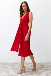 TRENDYOLMİLLA Rejection Fitted Draped Knitting Chic Evening Gown Dress - Image 2