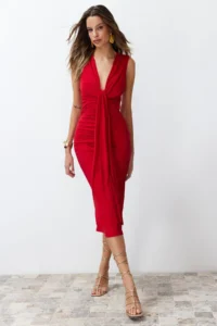 TRENDYOLMİLLA Rejection Fitted Draped Knitting Chic Evening Gown Dress - Image 3