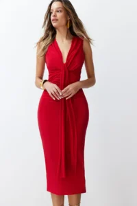 TRENDYOLMİLLA Rejection Fitted Draped Knitting Chic Evening Gown Dress - Image 4