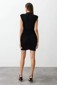 TRENDYOLMİLLA Black Fitted Draped Knitting Short Dress - Image 6