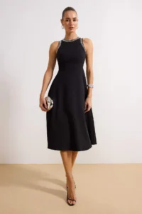 TRENDYOLMİLLA Black A-Kesim Stone with accessories Weaving Dress