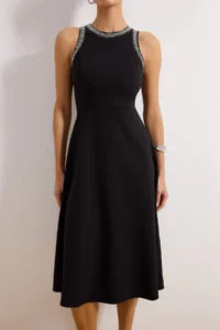 TRENDYOLMİLLA Black A-Kesim Stone with accessories Weaving Dress - Image 3